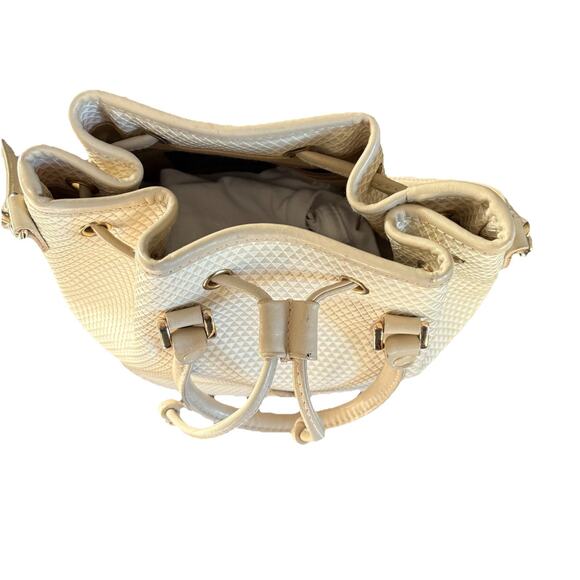 Vintage 1983 Liz Claiborne Drawstring Bucket Shoulder Bag Cream & Tan Triangles - Picture 9 of 15